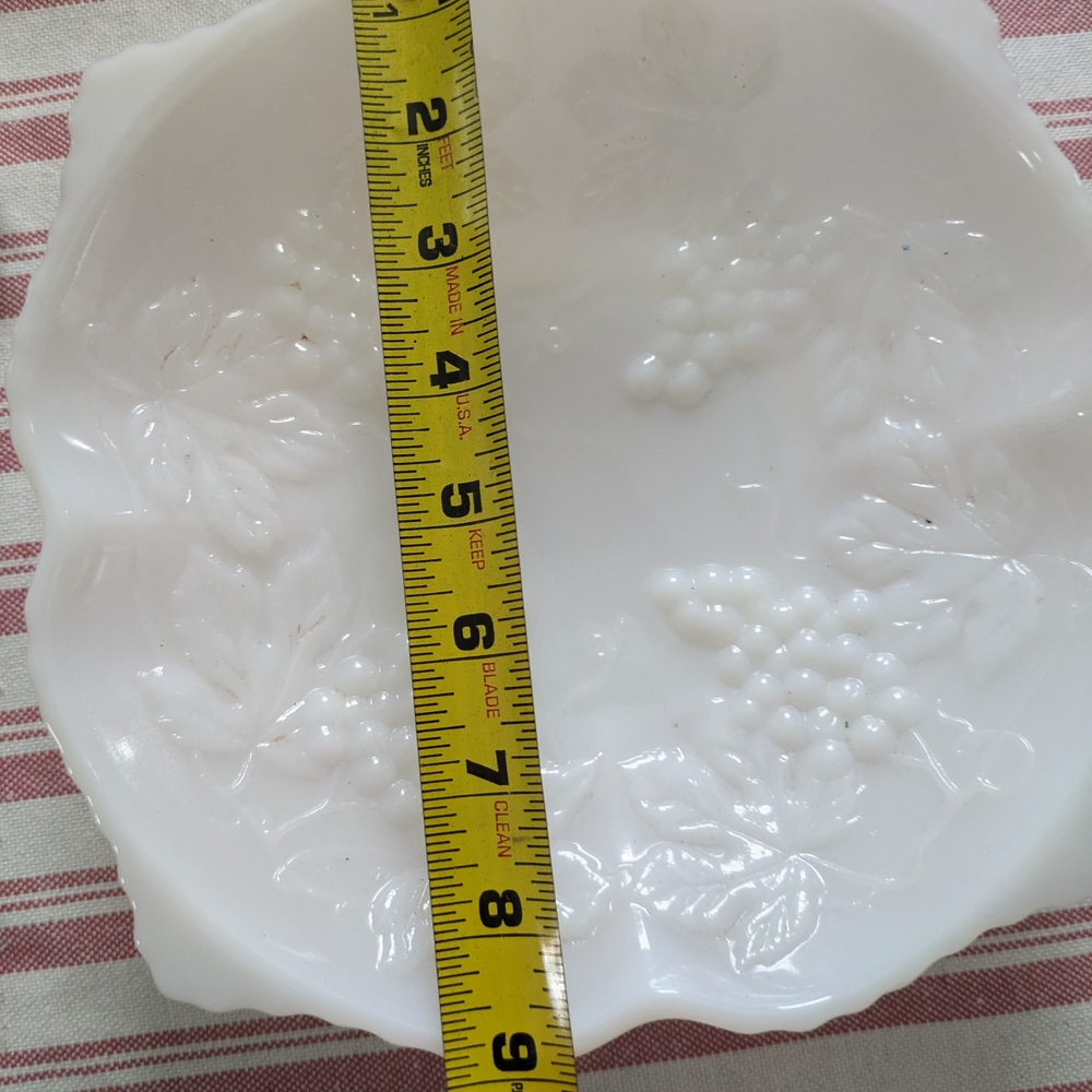 Vintage milk glass dish with grape and leaf motif
